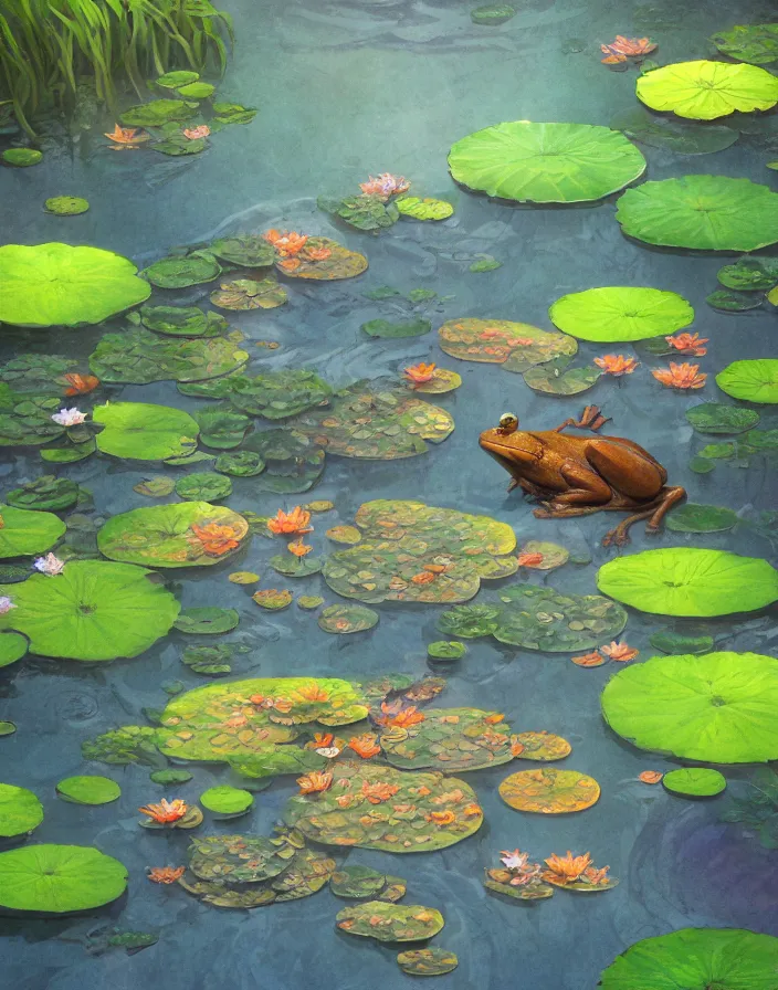 Prompt: frog on a lilypad in a koi fish pond in the forest, environment concept art, daytime ethereal anime, high detail Impressionist style, dreamy light color palette, style of studio ghibli and moebius, concept art stunning atmosphere, trending on artstation, volumetric light