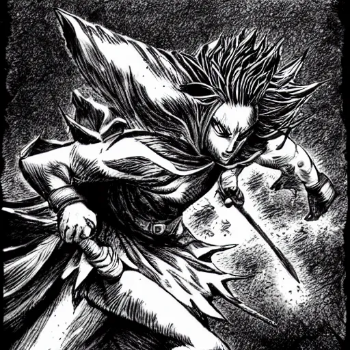 Prompt: A warrior running, black and white, by Kentaro Miura
