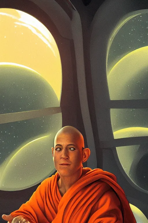 Image similar to portrait of a monk in a spaceship, looking out of a round window at nebula, orange robe, dramatic lighting, artstation, matte painting, ralph mcquarrie