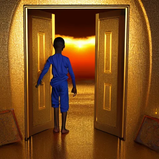 Image similar to an 8 k resolution matte painting of an african boy entering a magical, golden, very ornate door that leads to futuristic heaven, by michael whelan with cinematic, volumetric lighting