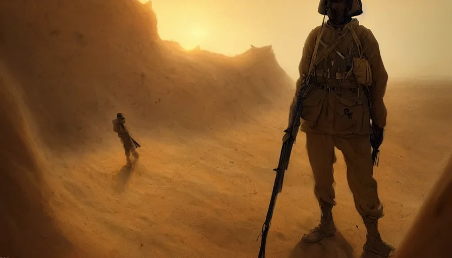 Image similar to beautiful digital painting of a soldier in a trench waiting for the war to end, in the sahara desert. cinematic lighting, atmospheric emotions by greg rutkowski,