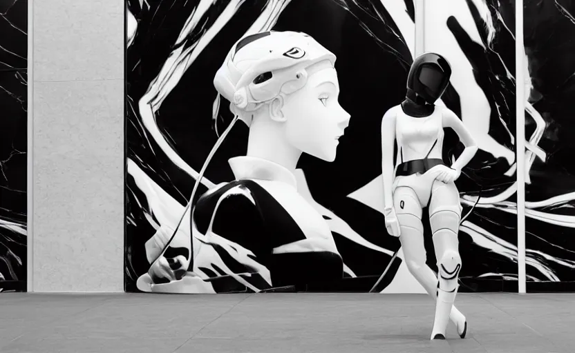 Prompt: black and white billboard advertisement with an extremely beautiful photo of a white marble statue of an anime girl with motocross logos and motorcycle helmet with closed visor, smoke in the background, carved marble statue, fine art, neon genesis evangelion, virgil abloh, offwhite, denoise, highly detailed, 8 k, hyperreal