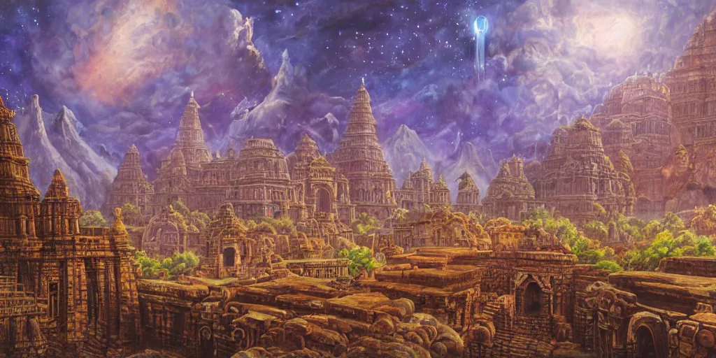 Image similar to fantasy oil painting, mega structure city, indore, kailasa temple, ellora, angkor wat, hybrid, looming, small buildings, warm lighting, street view, overlooking, interstellar space port launching dock, epic, distant mountains, bright clouds, luminous sky, cinematic lighting, michael cheval, david palladini, artstation, oil painting, natural tpose