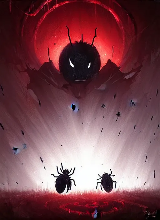 Prompt: horror art, hollow knight, red peaks with spiders in the background, art by greg rutkowski