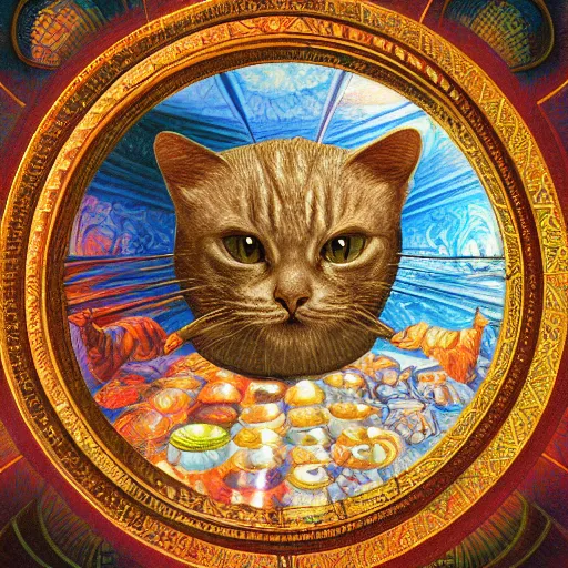 Prompt: russian distorted psychedlic pool octagon tom cat croissant cream caramel , by Johfra Bosschart and Richard Dadd and Pablo Picaso , chiaroscuro , line art , masterpiece