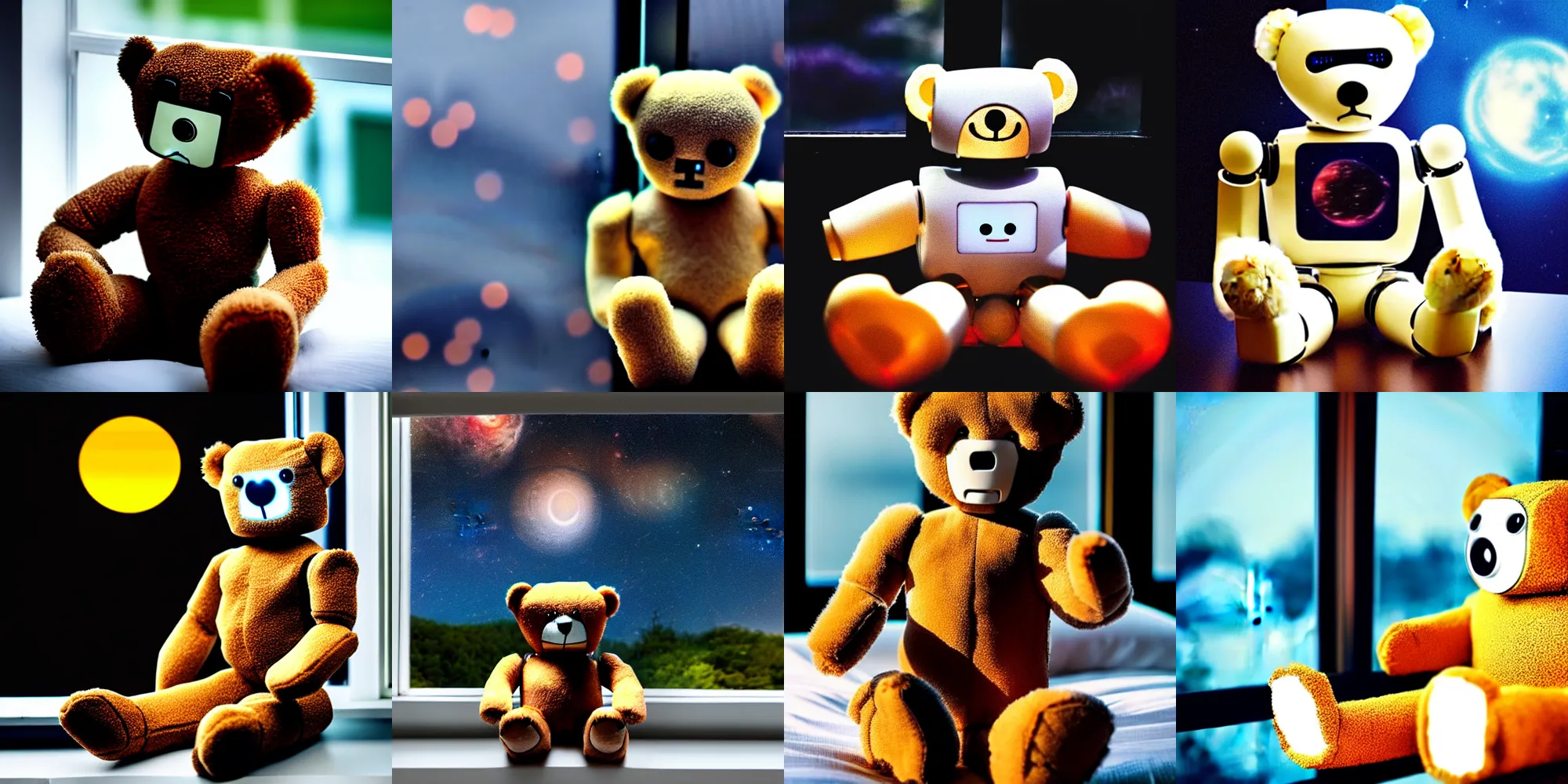 Prompt: a robot teddy bear made of rubber sitting on the bed drinking black coffee at night looking out window into cosmic space