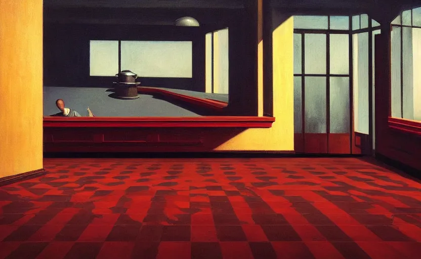 Image similar to An empty sad restaurant with glossy checker ceramic floor, Edward Hopper and James Gilleard, Zdzislaw Beksinski, Mark Ryden, Wolfgang Lettl highly detailed, hints of Yayoi Kasuma