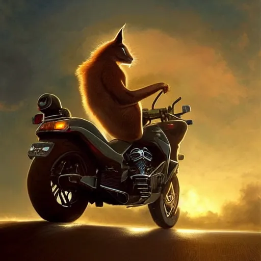 Image similar to cute fluffy caracal riding a harley motorcycle, road, sunset. adventurous, atmospheric lighting, stunning. by ted nasmith, gaston bussiere, craig mullins, j. c. leyendecker, rossdraws, james jean, andrei riabovitchev, marc simonetti, krenz cushart, trendig on artstation, digital art