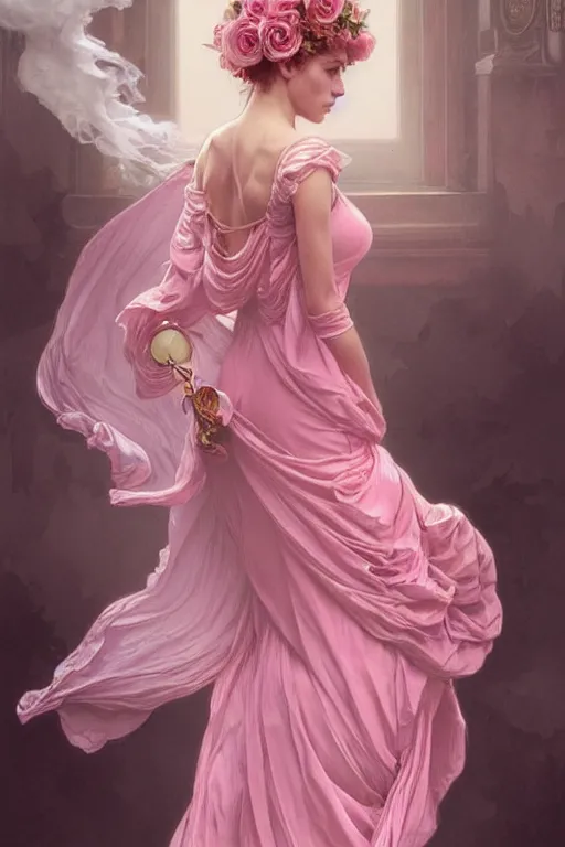 Image similar to woman dressed in a vaporous wrapped large victorian pink roses silk semi-transparent dress fashion is running D&D, fantasy, intricate, elegant, highly detailed, digital painting, artstation, concept art, matte, sharp focus, illustration, art by Artgerm and Greg Rutkowski and Alphonse Mucha