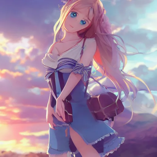 Image similar to a very beautiful anime girl, full body, long wavy blond hair, sky blue eyes, full round face, short smile, cute top, short jeans, summer lake setting, cinematic lightning, medium shot, mid-shot, highly detailed, trending on Artstation, Unreal Engine 4k, cinematic wallpaper by Stanley Artgerm Lau, WLOP, Rossdraws, James Jean, Andrei Riabovitchev, Marc Simonetti, and Sakimichan