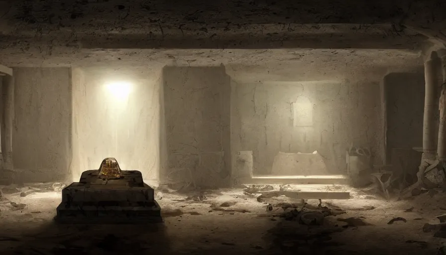 Prompt: Interior of the dusty abandoned dark Egyptian tomb, horror vibe, hyperdetailed, artstation, cgsociety, 8k