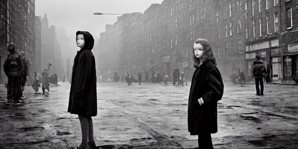 Image similar to sadie sink in hoodie at umbrella stand in ruined square, pedestrians on both sides ignore her, old tenements in background : grainy b & w 1 6 mm film, 2 5 mm lens, single long shot from schindler's list by steven spielberg. cyberpunk, steampunk. cinematic atmosphere and composition, detailed face, perfect anatomy