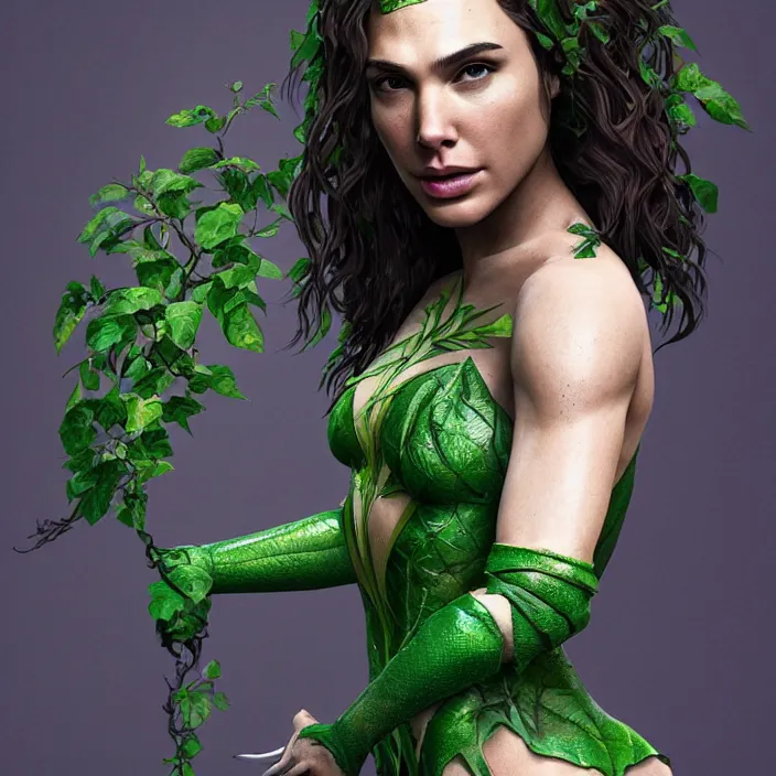 Image similar to portrait of Gal Gadot as a Poison Ivy. intricate artwork. by Tooth Wu, wlop, beeple, dan mumford. octane render, trending on artstation, greg rutkowski very coherent symmetrical artwork. cinematic, hyper realism, high detail, octane render, 8k