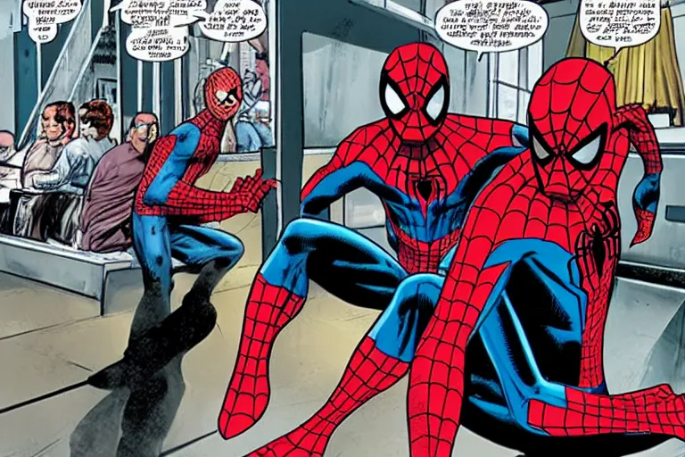 Image similar to spider man and spider man sitting in a train talking about the new marvel movie, as a panel of a Marvel comic