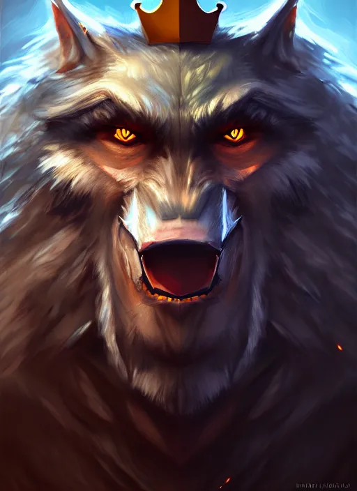 Image similar to portrait painting of werewolf king with crown, acrylic, daz. detailed, portrait, oil painting, artstation, unreal 5, hd, artgerm, dnd, rpg