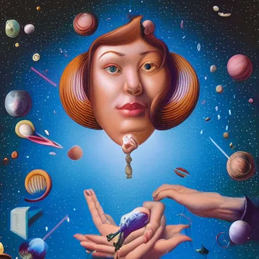 Prompt: A illustration. A rip in spacetime. Did this device in her hand open a portal to another dimension or reality?! Pride Prejudice by Jeff Koons, by Octavio Ocampo dreary