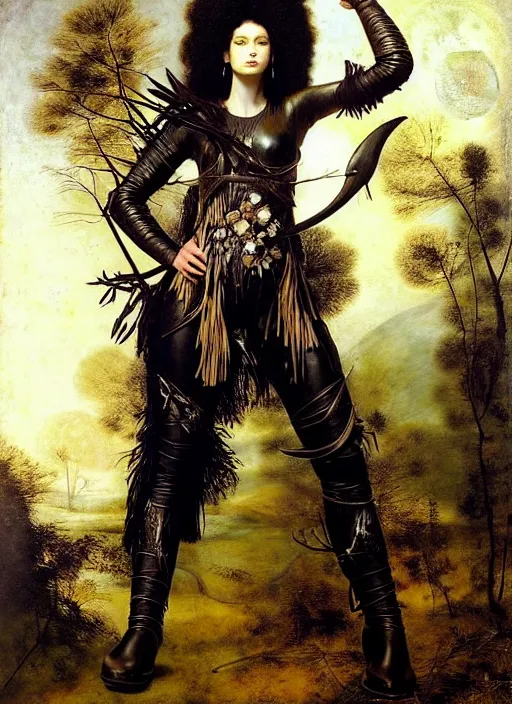 Prompt: warrior goddess of flora and fauna, black, hunting, personification of the moon, long white hair, standing in the middle of the forest and birds, in a leather jumpsuit from lee alexander mcqueen, iron armor, red boots, very beautiful style, edgard maxens, raffaello, rembrandt diego rodriguez de silva y velazquez ;