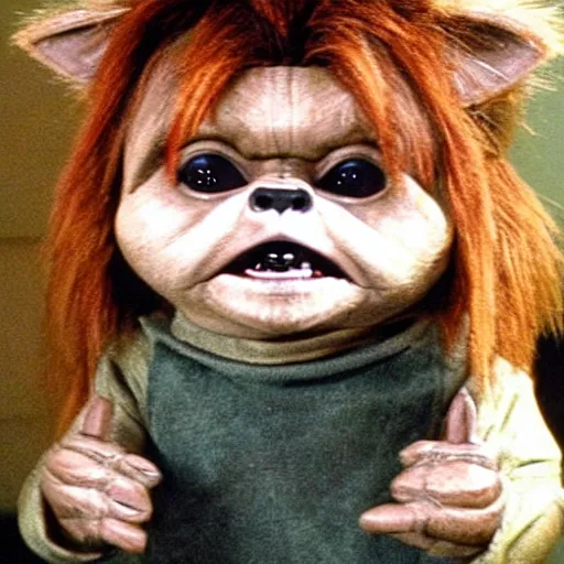 Image similar to an Ewok dressed as Chucky the doll from the movie Child's Play