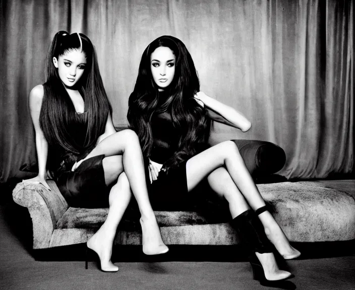 Prompt: award winning photo of Ariana Grande, Megan Fox sitting on a chesterfield lounge, symmetrical face, wide shot by Sally Mann & Arnold Newman,