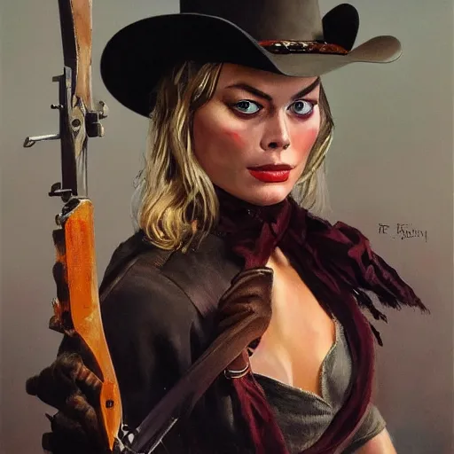 Prompt: ultra realistic portrait painting of margot robbie as a western outlaw, art by frank frazetta, 4 k, ultra realistic, highly detailed, epic lighting.