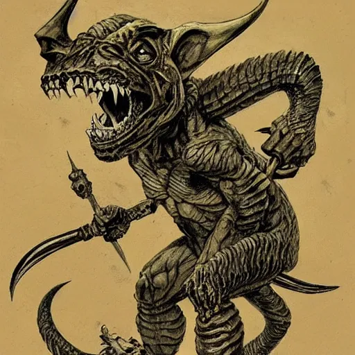 Image similar to dog - faced muscular goblin, ugly face, lizard tail, holding scimitar made of bone, hyper - detailed, primeval fantasy, prehistoric fantasy, drawn by frank frazetta