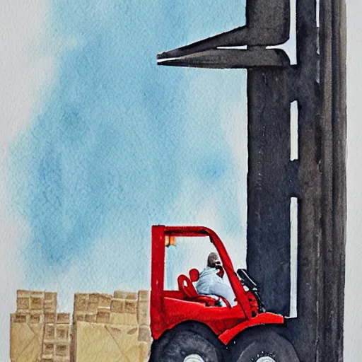 Image similar to a fork on a forklift in a lift, watercolor