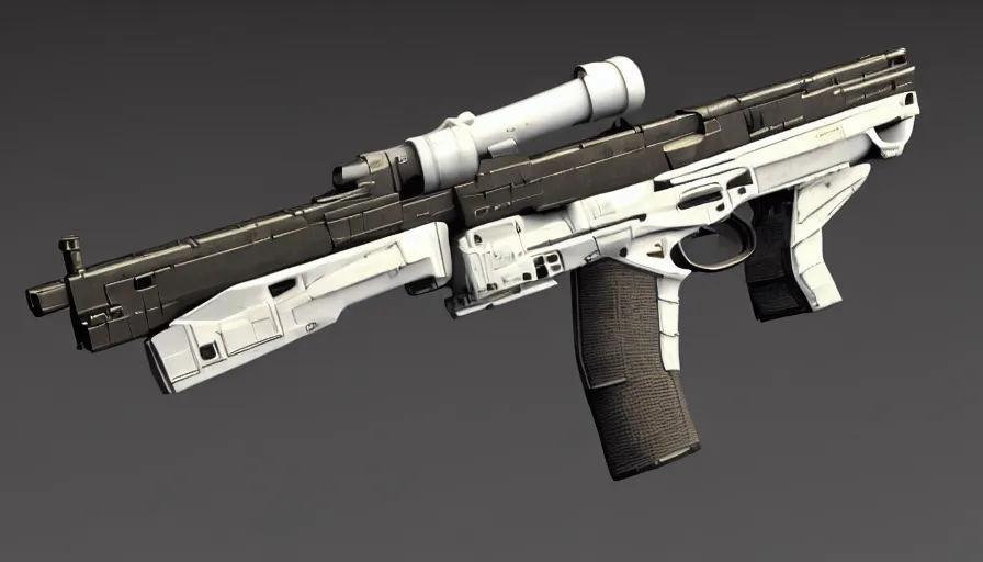 Prompt: extremely detailed realistic side view of a sci fi assault rifle, detailed pistol trigger, chemically propelled, massive battery, caseless ammunition, railgun, chemrail, gauss rifle, bullpup, elegant sleek smooth body, white paint,, sleek utopian design,, ultra quality, realistic, octane render, call of duty, warframe, terminator