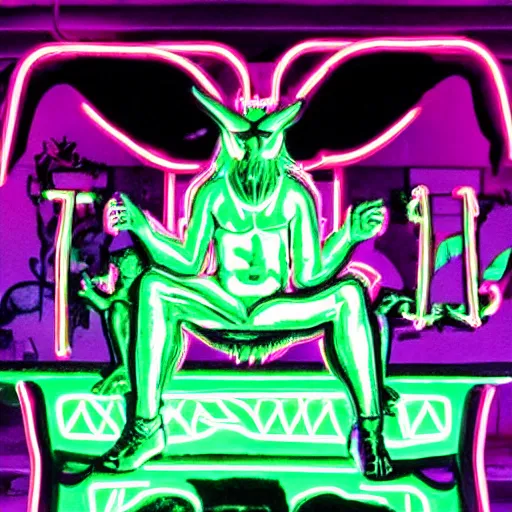 Image similar to neon baphomet on a throne with its disciples bowing down