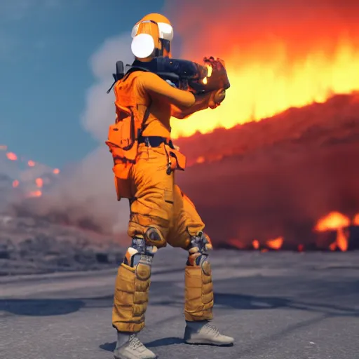 Image similar to a soldier with a glowing orange visor, a gas mask in a half-turn looks into the camera, bodies of the dead are scattered around, an orange fire in the background, octane render, 4k, details, dramatic pose