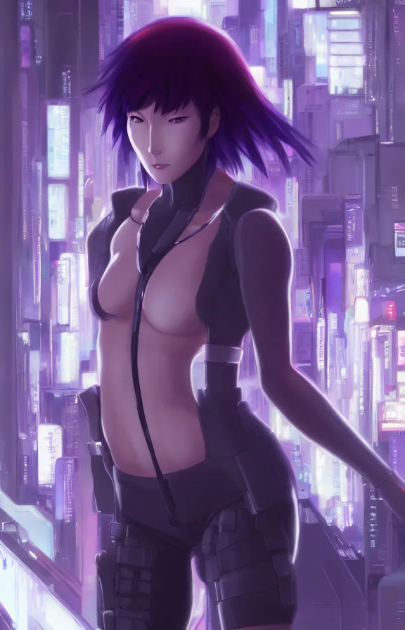 Image similar to a still fullbody portrait of motoko kusanagi ghost in the shell, finely detailed features, closeup at the faces, perfect art, at a cyberpunk city, gapmoe yandere grimdark, trending on pixiv fanbox, by ilya kuvshinov, rossdraws, artgerm