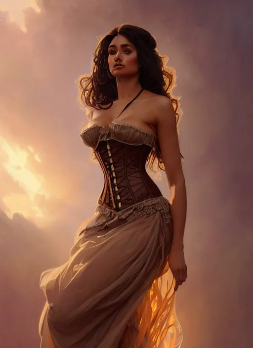 Image similar to cute brown woman wearing a translucent corset dress, fantasy, intricate, highly detailed, digital painting, artstation, concept art, wallpaper, smooth, sharp focus, illustration, art by artgerm and greg rutkowski and alphonse mucha