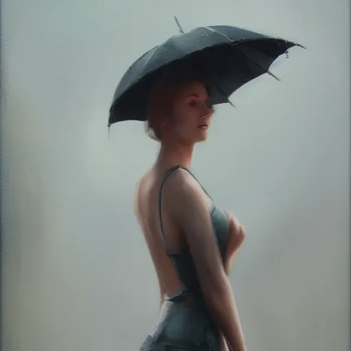 Image similar to a beautiful toned woman in the rain, aesthetic, oil painting, pale colors, high detail, 8 k, wide angle, trending on artstation,