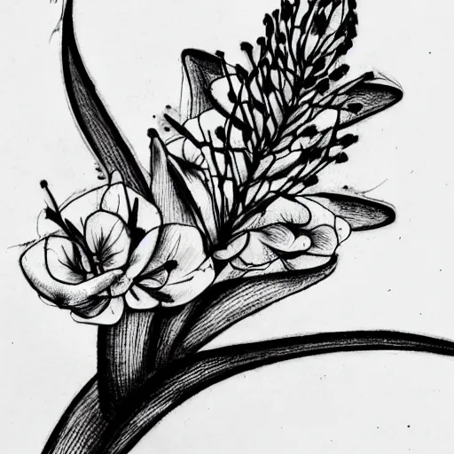 Prompt: azalea flowers in the style of the Voynich manuscript outline tattoo design, black ink on white paper