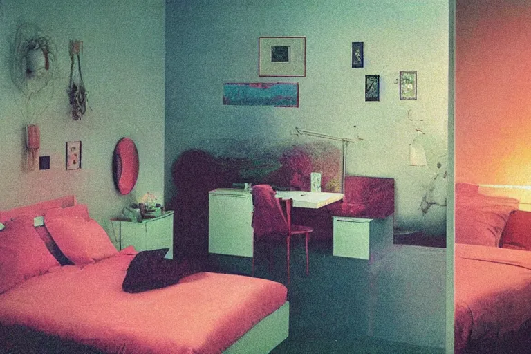 Image similar to IKEA catalogue photo, vaporwave teenage bedroom by Beksiński