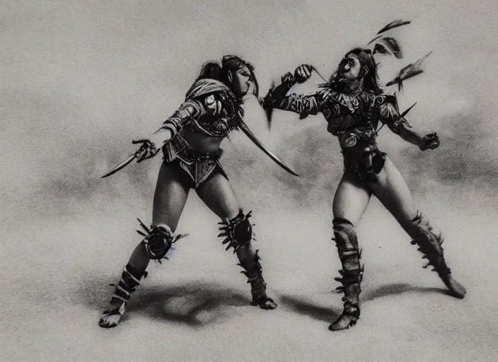 Prompt: Battlefield, two aztec warrior females fight, epic ,old photo, vintage, black and white, Boris vallejo, sepia