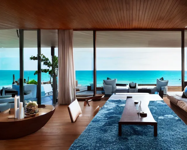 Image similar to A modern living room in a ocean hues style next to a big terrace overlooking the ocean, luxurious wooden coffee table in the center, inspired by the ocean, calm, relaxed style, harmony, wide angle shot, 8k resolution