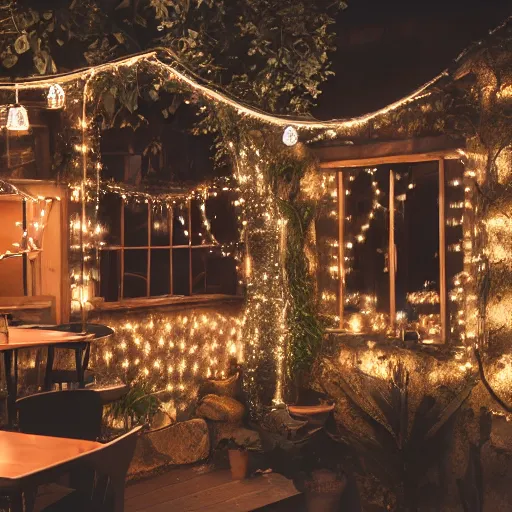 Image similar to professional photograph of a cozy little nature - themed coffee shop with fairy lights, high quality, hd, highly detailed, award - winning, awe - inspiring, 4 k, 8 k,