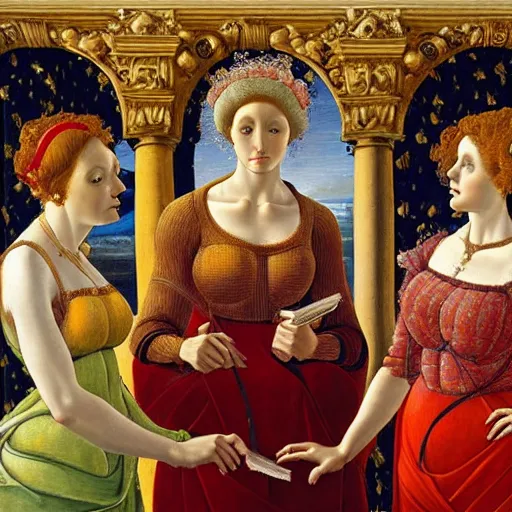 Image similar to oil painting of the Golden Girls by Botticelli, 8k high definition museum quality, beautiful, ornate, Italian renaissance, Medici,