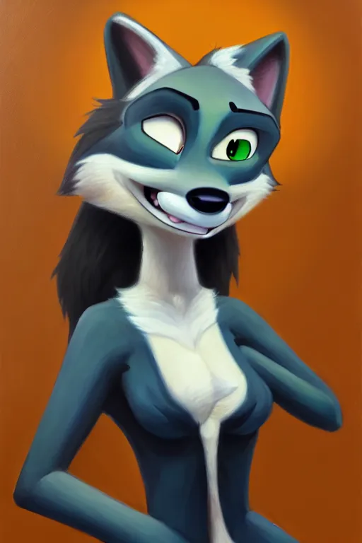 Image similar to oil painting of anthromorphic female wolf, in style of zootopia, female fursona, furry, furaffinity, 4 k, deviantart, furry art, fursona art, wearing black business suit, business suit, wolf fursona, female, smug expression,