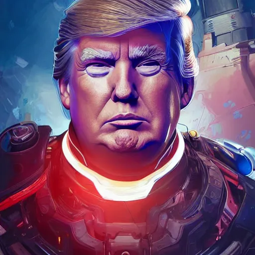 Image similar to donald trump as apex legends character, digital illustration portrait design, by android jones and greg rutkowski, retrowave color scheme, detailed, cinematic lighting, wide angle action dynamic portrait