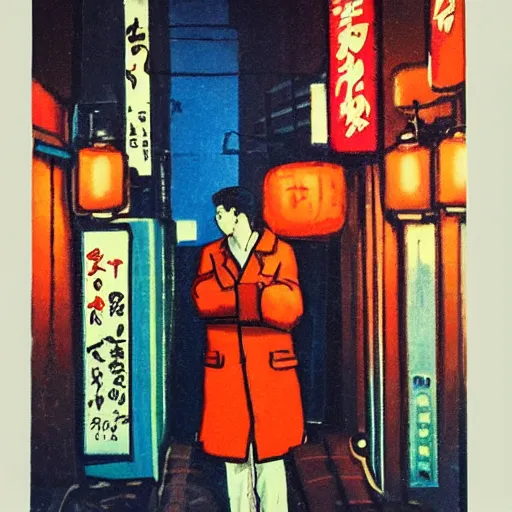 Prompt: portrait of man smoking in colorful tokyo alley at night in the style of soviet realism