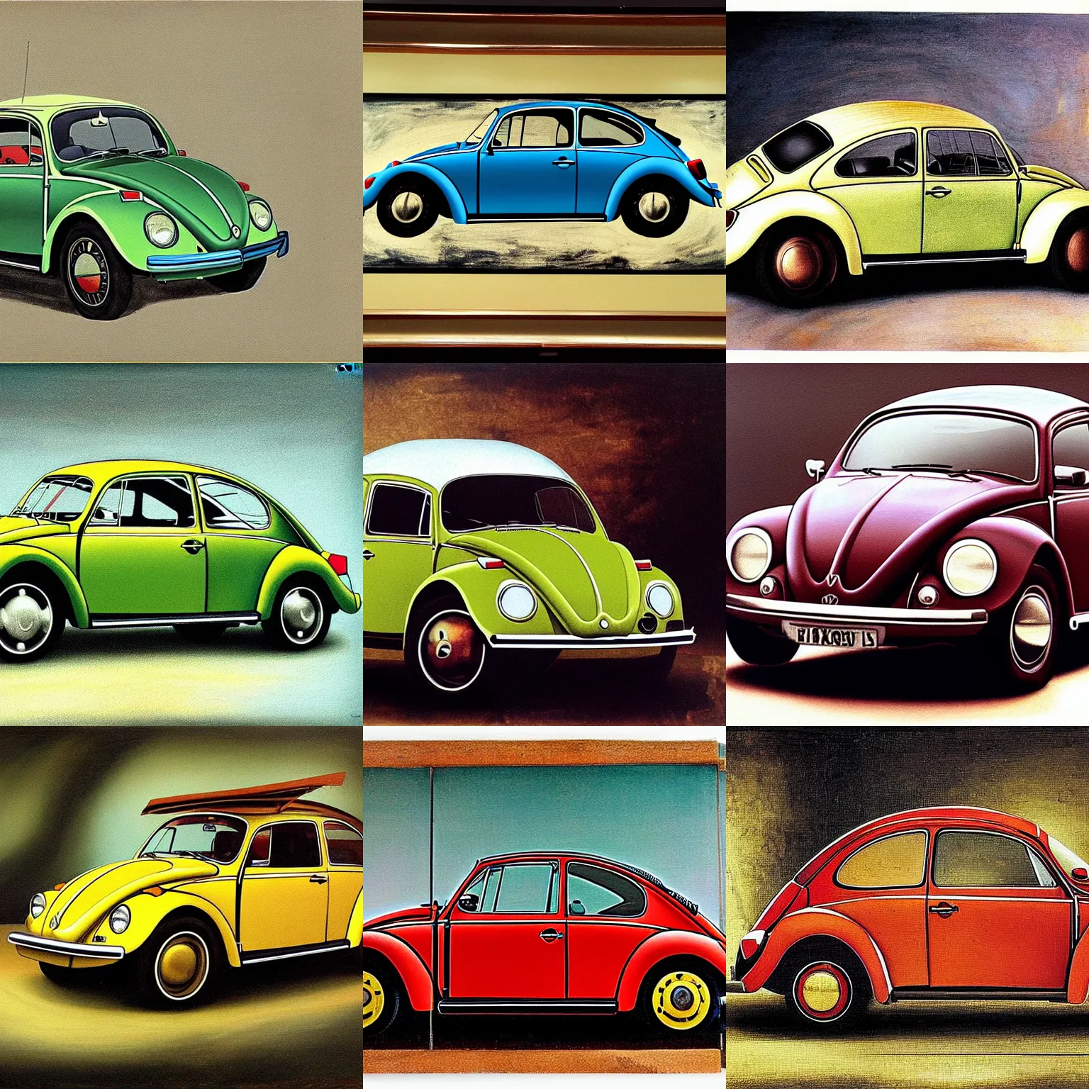 Prompt: painting of a 1970 vw beetle painted by leonardo da vinci