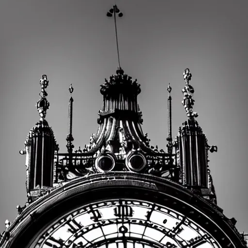 Prompt: Black and White photo of steampunk airship docking at Big Ben