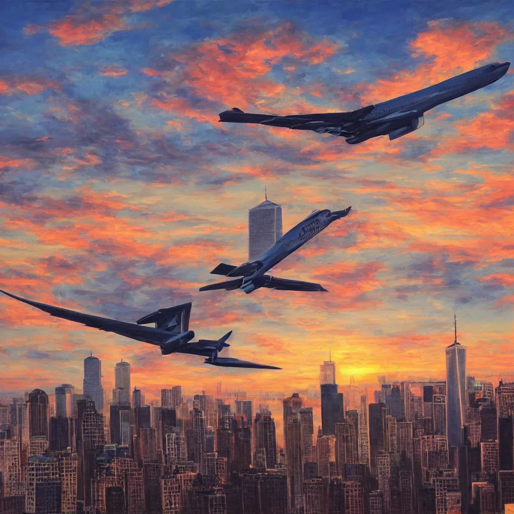 Image similar to Photorealistic painting of a plane flying straight into World Trade Center with a beautiful sunset in the background