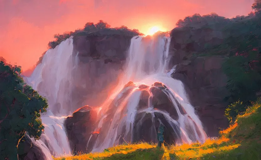 Image similar to waterfall sunset in heaven by atey ghailan and michael garmash