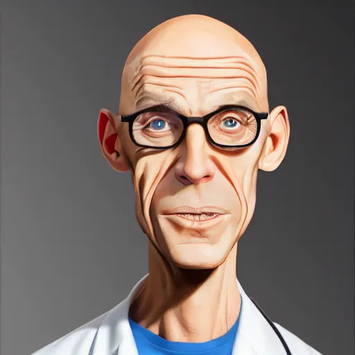 Image similar to A middle-aged Dr. Venture in real life with a hooked nose, a long gaunt face and skinny body and neck, very thin and bald, realistic, very realistic, hyperrealistic, highly detailed, very detailed, extremely detailed, detailed, digital art, oil painting, trending on artstation, headshot and bodyshot, detailed face, very detailed face, extremely detailed face, HD Quality, 8k resolution, very very detailed face, real life