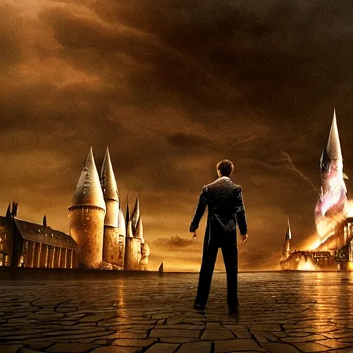 Image similar to Harry potter standing and holding a short wand, yellow light spell, side view, daniel radcliffe, thunderclouds, cinematic shot, wide shot, epic scale, photorealistic detail and quality, intricate cobblestone, magical particle effects, movie still, nighttime, crescent moon, sharp and clear, action shot, intense scene, visually coherent, symmetry, rule of thirds, movement, photorealistic colors, cool colors transitioning to warm colors, modest tone, award winning, directed by Steven Spielberg, Christopher Nolan, Tooth Wu, Asher Duran, artstation