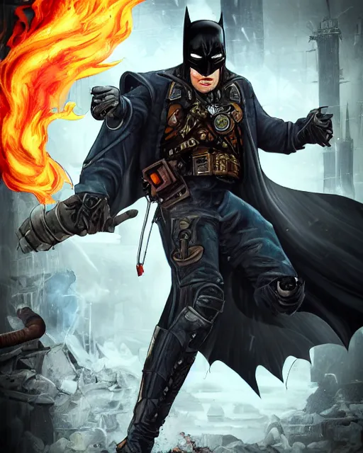 Image similar to steampunk batman with fire and ice magic coming out from his hands in a dystopian environment, full body view, highly detailed, amazing digital art, artstation, sharp focus