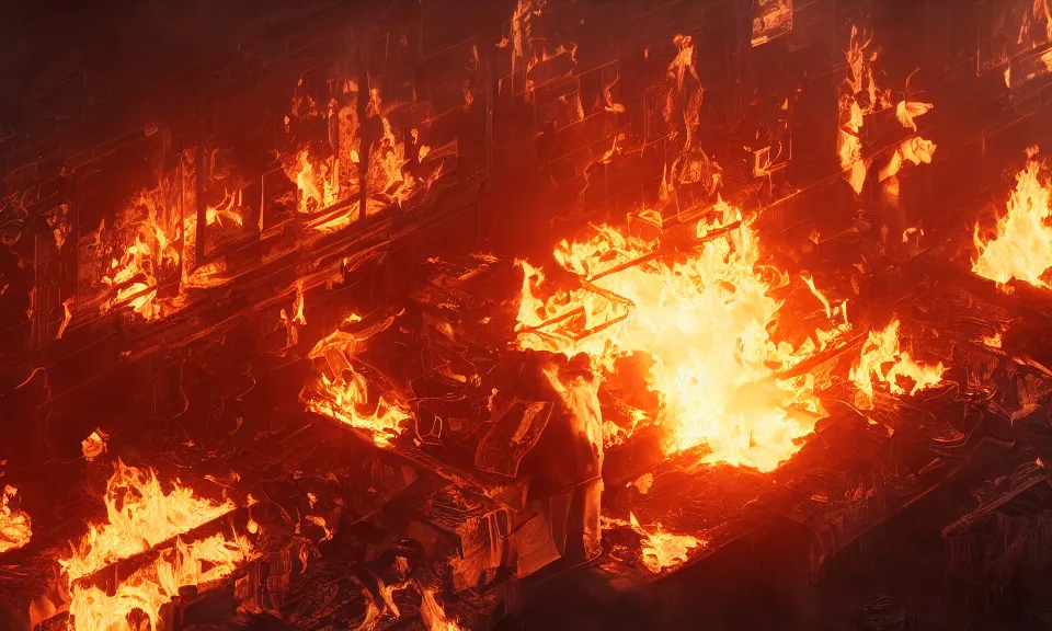 Image similar to hot hell office with burning desks and chairs, close up, featured in artstation, octane render, intricate, ultra detailed, fantasy, concept art, sharp focus, illustration, 8 k