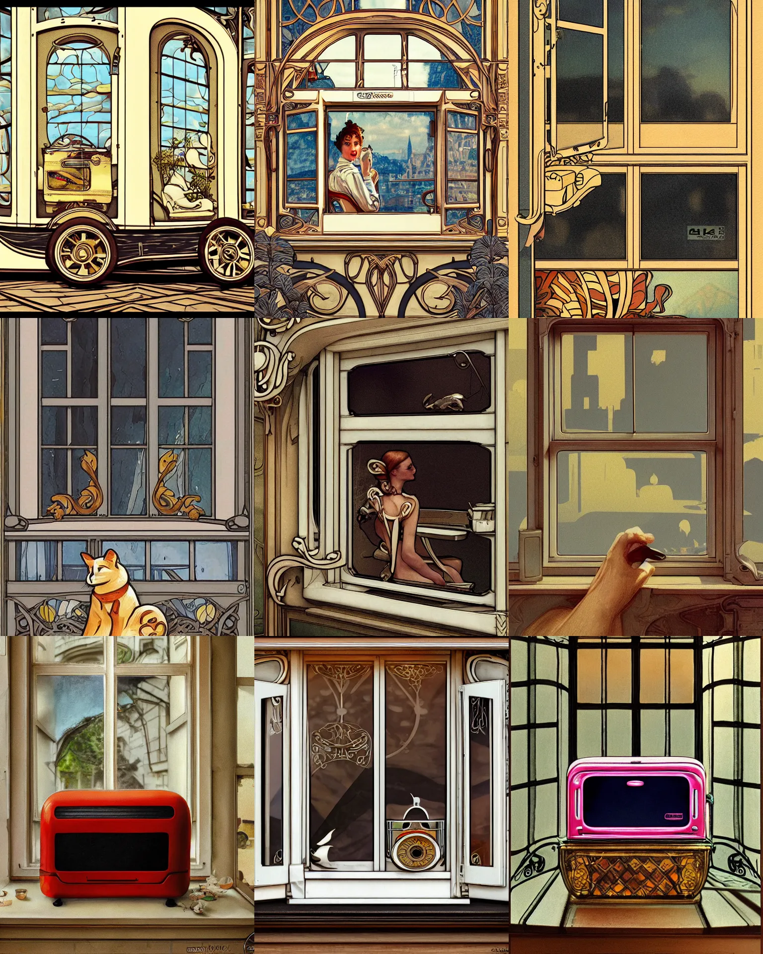 Prompt: 4k cinematic full view toaster sitting in a french window, art nouveau style, detailed and realistic, poetic and symbolic, Artstation